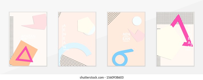 Abstract paper cut layout top view. Flyer templates with paper cut geometric shapes flat lay with 3d realistic shadow. Pastel colors. Vector cover set craft paper style.
