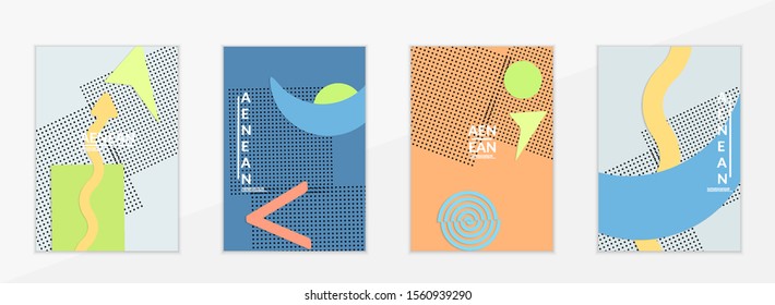 Abstract paper cut layout top view. Flyer templates with paper cut geometric shapes flat lay with 3d realistic shadow. Pastel colors. Vector cover set craft paper style.