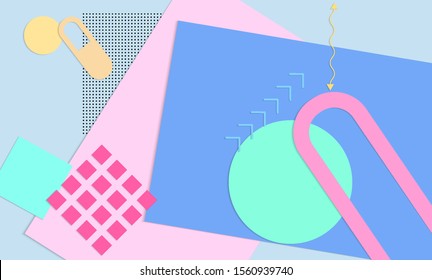 Abstract paper cut layout top view. Background template with paper cut geometric shapes flat lay with 3d realistic shadow. Pastel colors. Vector banner craft paper style.