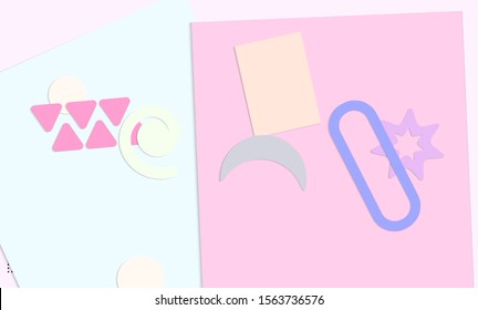 Abstract paper cut layout top view. Background template with paper cut geometric shapes flat lay with 3d realistic shadow. Pastel colors. Vector banner craft paper style.