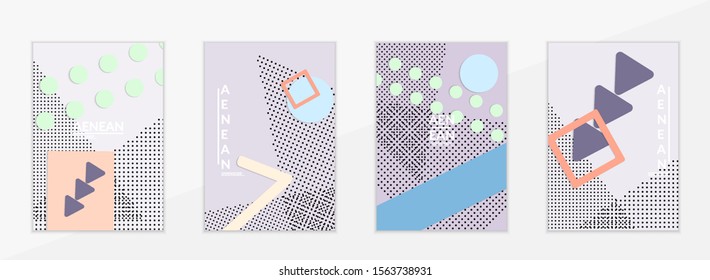 Abstract paper cut layout top view. Flyer templates with paper cut geometric shapes flat lay with 3d realistic shadow. Pastel colors. Vector cover set craft paper style.