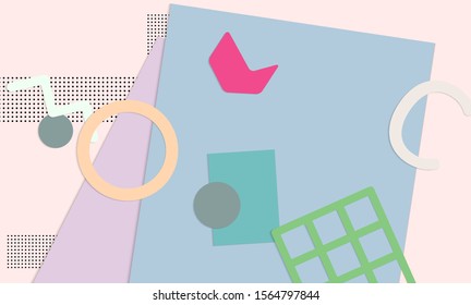 Abstract paper cut layout top view. Background template with paper cut geometric shapes flat lay with 3d realistic shadow. Pastel colors. Vector banner craft paper style.