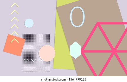 Abstract paper cut layout top view. Background template with paper cut geometric shapes flat lay with 3d realistic shadow. Pastel colors. Vector banner craft paper style.
