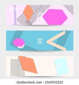 Abstract paper cut layout top view. Banner templates with paper cut geometric shapes flat lay with 3d realistic shadow. Pastel colors. Vector banner set craft paper style.