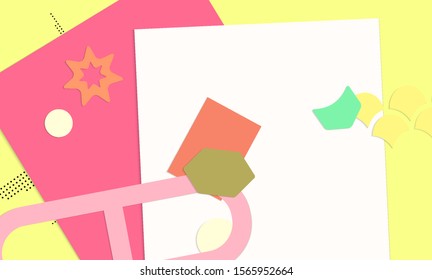 Abstract paper cut layout top view. Background template with paper cut geometric shapes flat lay with 3d realistic shadow. Pastel colors. Vector banner craft paper style.