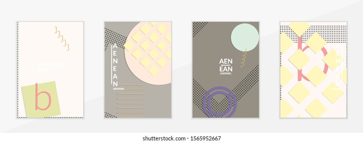 Abstract paper cut layout top view. Flyer templates with paper cut geometric shapes flat lay with 3d realistic shadow. Pastel colors. Vector cover set craft paper style.