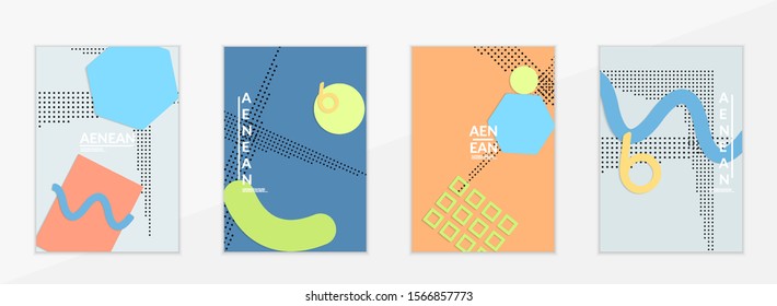 Abstract paper cut layout top view. Flyer templates with paper cut geometric shapes flat lay with 3d realistic shadow. Pastel colors. Vector cover set craft paper style.