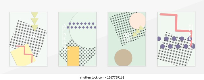 Abstract paper cut layout top view. Flyer templates with paper cut geometric shapes flat lay with 3d realistic shadow. Pastel colors. Vector cover set craft paper style.
