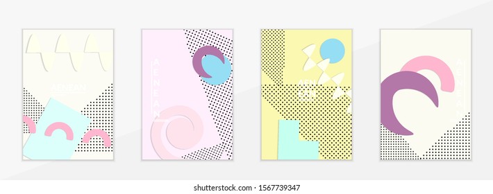 Abstract paper cut layout top view. Flyer templates with paper cut geometric shapes flat lay with 3d realistic shadow. Pastel colors. Vector cover set craft paper style.