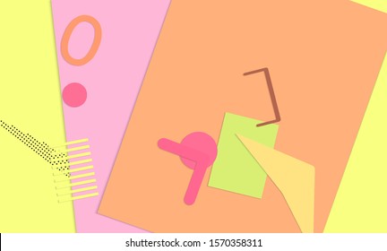 Abstract paper cut layout top view. Background template with paper cut geometric shapes flat lay with 3d realistic shadow. Pastel colors. Vector banner craft paper style.