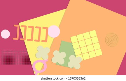 Abstract paper cut layout top view. Background template with paper cut geometric shapes flat lay with 3d realistic shadow. Pastel colors. Vector banner craft paper style.