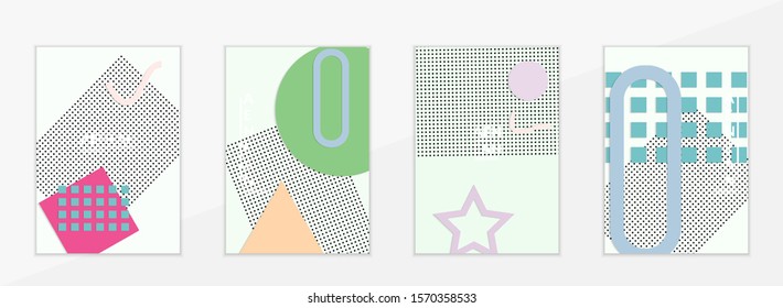 Abstract paper cut layout top view. Flyer templates with paper cut geometric shapes flat lay with 3d realistic shadow. Pastel colors. Vector cover set craft paper style.