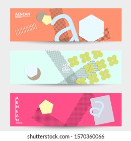 Abstract paper cut layout top view. Banner templates with paper cut geometric shapes flat lay with 3d realistic shadow. Pastel colors. Vector banner set craft paper style.