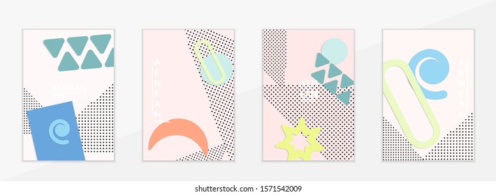 Abstract paper cut layout top view. Flyer templates with paper cut geometric shapes flat lay with 3d realistic shadow. Pastel colors. Vector cover set craft paper style.