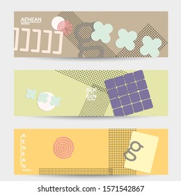 Abstract paper cut layout top view. Banner templates with paper cut geometric shapes flat lay with 3d realistic shadow. Pastel colors. Vector banner set craft paper style.