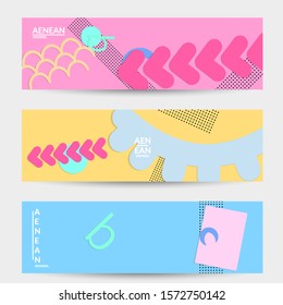 Abstract paper cut layout top view. Banner templates with paper cut geometric shapes flat lay with 3d realistic shadow. Pastel colors. Vector banner set craft paper style.