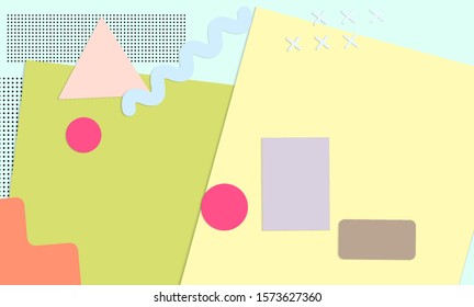Abstract paper cut layout top view. Background template with paper cut geometric shapes flat lay with 3d realistic shadow. Pastel colors. Vector banner craft paper style.