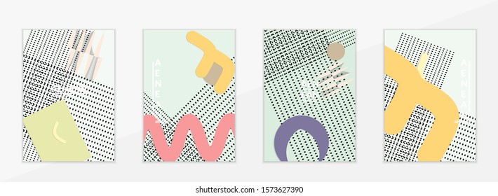 Abstract paper cut layout top view. Flyer templates with paper cut geometric shapes flat lay with 3d realistic shadow. Pastel colors. Vector cover set craft paper style.