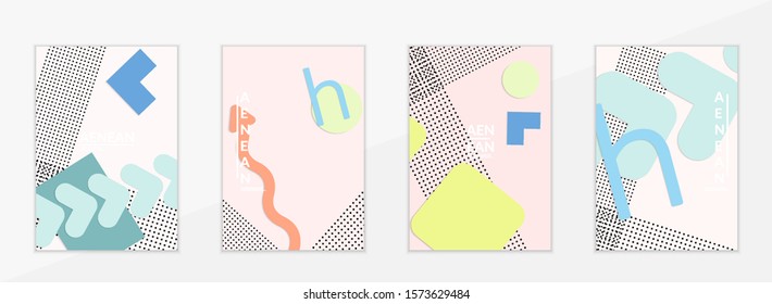 Abstract paper cut layout top view. Flyer templates with paper cut geometric shapes flat lay with 3d realistic shadow. Pastel colors. Vector cover set craft paper style.