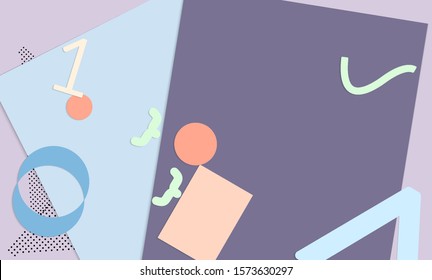 Abstract paper cut layout top view. Background template with paper cut geometric shapes flat lay with 3d realistic shadow. Pastel colors. Vector banner craft paper style.