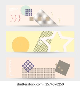Abstract paper cut layout top view. Banner templates with paper cut geometric shapes flat lay with 3d realistic shadow. Pastel colors. Vector banner set craft paper style.