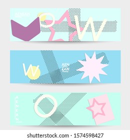 Abstract paper cut layout top view. Banner templates with paper cut geometric shapes flat lay with 3d realistic shadow. Pastel colors. Vector banner set craft paper style.