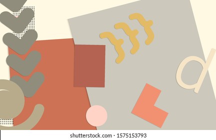 Abstract paper cut layout top view. Background template with paper cut geometric shapes flat lay with 3d realistic shadow. Pastel colors. Vector banner craft paper style.