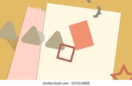 Abstract paper cut layout top view. Background template with paper cut geometric shapes flat lay with 3d realistic shadow. Pastel colors. Vector banner craft paper style.