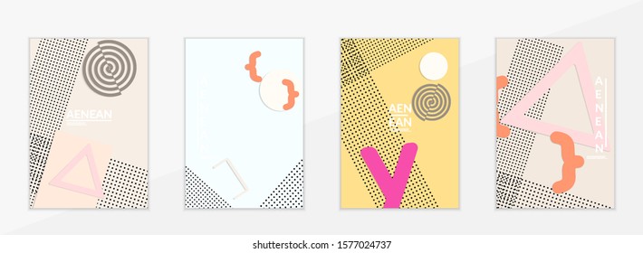 Abstract paper cut layout top view. Flyer templates with paper cut geometric shapes flat lay with 3d realistic shadow. Pastel colors. Vector cover set craft paper style.