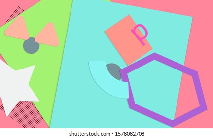 Abstract paper cut layout top view. Background template with paper cut geometric shapes flat lay with 3d realistic shadow. Pastel colors. Vector banner craft paper style.