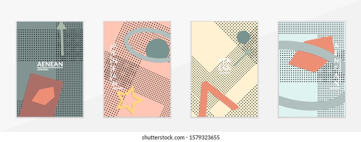 Abstract paper cut layout top view. Flyer templates with paper cut geometric shapes flat lay with 3d realistic shadow. Pastel colors. Vector cover set craft paper style.