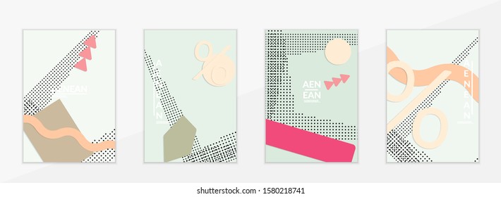 Abstract paper cut layout top view. Flyer templates with paper cut geometric shapes flat lay with 3d realistic shadow. Pastel colors. Vector cover set craft paper style.