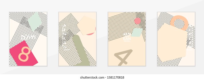 Abstract paper cut layout top view. Flyer templates with paper cut geometric shapes flat lay with 3d realistic shadow. Pastel colors. Vector cover set craft paper style.