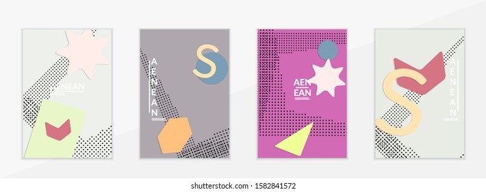 Abstract paper cut layout top view. Flyer templates with paper cut geometric shapes flat lay with 3d realistic shadow. Pastel colors. Vector cover set craft paper style.
