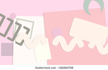 Abstract paper cut layout top view. Background template with paper cut geometric shapes flat lay with 3d realistic shadow. Pastel colors. Vector banner craft paper style.