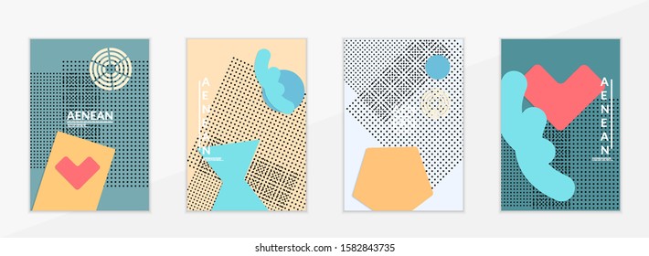 Abstract paper cut layout top view. Flyer templates with paper cut geometric shapes flat lay with 3d realistic shadow. Pastel colors. Vector cover set craft paper style.