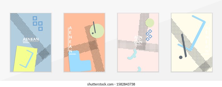 Abstract paper cut layout top view. Flyer templates with paper cut geometric shapes flat lay with 3d realistic shadow. Pastel colors. Vector cover set craft paper style.