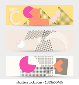 Abstract paper cut layout top view. Banner templates with paper cut geometric shapes flat lay with 3d realistic shadow. Pastel colors. Vector banner set craft paper style.