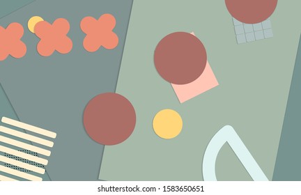 Abstract paper cut layout top view. Background template with paper cut geometric shapes flat lay with 3d realistic shadow. Pastel colors. Vector banner craft paper style.