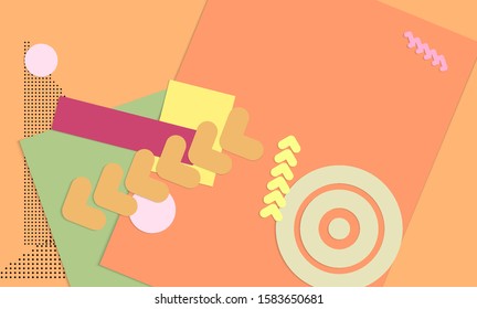Abstract paper cut layout top view. Background template with paper cut geometric shapes flat lay with 3d realistic shadow. Pastel colors. Vector banner craft paper style.
