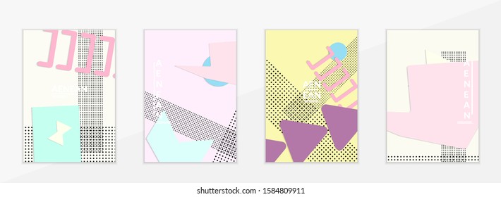 Abstract paper cut layout top view. Flyer templates with paper cut geometric shapes flat lay with 3d realistic shadow. Pastel colors. Vector cover set craft paper style.