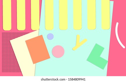 Abstract paper cut layout top view. Background template with paper cut geometric shapes flat lay with 3d realistic shadow. Pastel colors. Vector banner craft paper style.