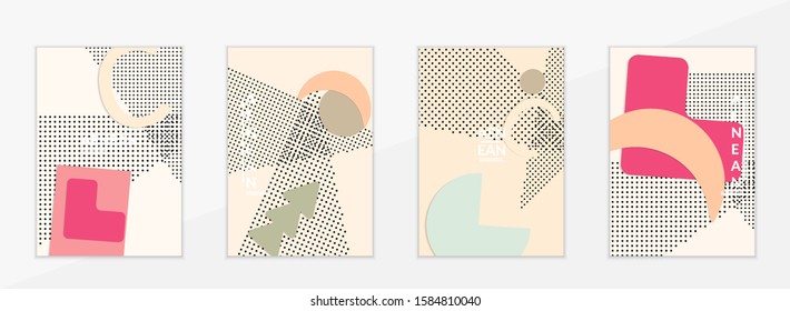 Abstract paper cut layout top view. Flyer templates with paper cut geometric shapes flat lay with 3d realistic shadow. Pastel colors. Vector cover set craft paper style.