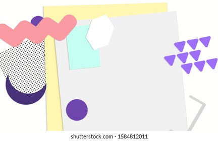 Abstract paper cut layout top view. Background template with paper cut geometric shapes flat lay with 3d realistic shadow. Pastel colors. Vector banner craft paper style.