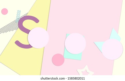 Abstract paper cut layout top view. Background template with paper cut geometric shapes flat lay with 3d realistic shadow. Pastel colors. Vector banner craft paper style.