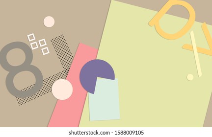 Abstract paper cut layout top view. Background template with paper cut geometric shapes flat lay with 3d realistic shadow. Pastel colors. Vector banner craft paper style.