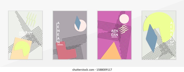 Abstract paper cut layout top view. Flyer templates with paper cut geometric shapes flat lay with 3d realistic shadow. Pastel colors. Vector cover set craft paper style.