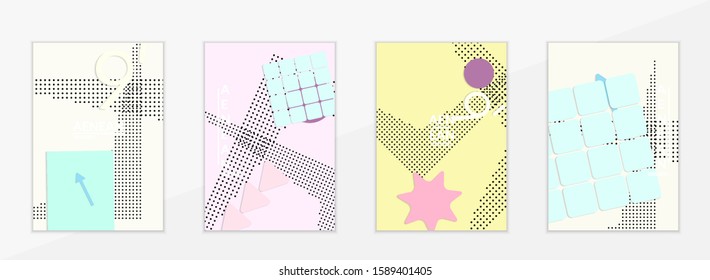 Abstract paper cut layout top view. Flyer templates with paper cut geometric shapes flat lay with 3d realistic shadow. Pastel colors. Vector cover set craft paper style.
