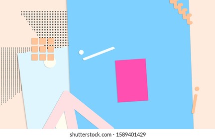 Abstract paper cut layout top view. Background template with paper cut geometric shapes flat lay with 3d realistic shadow. Pastel colors. Vector banner craft paper style.