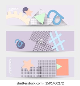 Abstract paper cut layout top view. Banner templates with paper cut geometric shapes flat lay with 3d realistic shadow. Pastel colors. Vector banner set craft paper style.